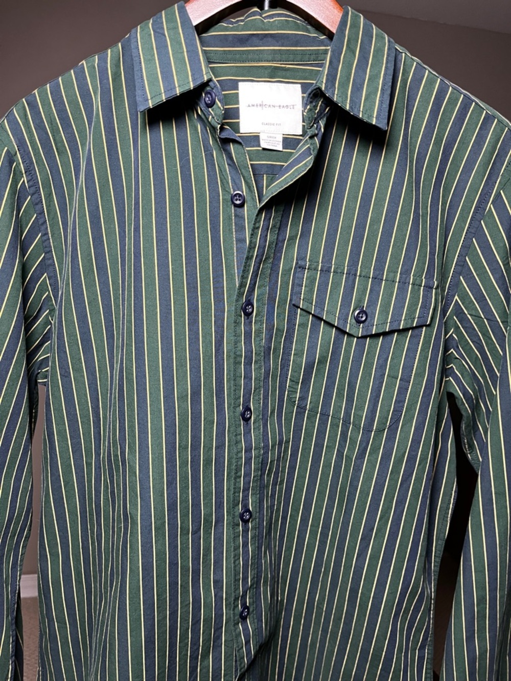 American Eagle Outfitters Dark Green Striped Button-Down Shirt